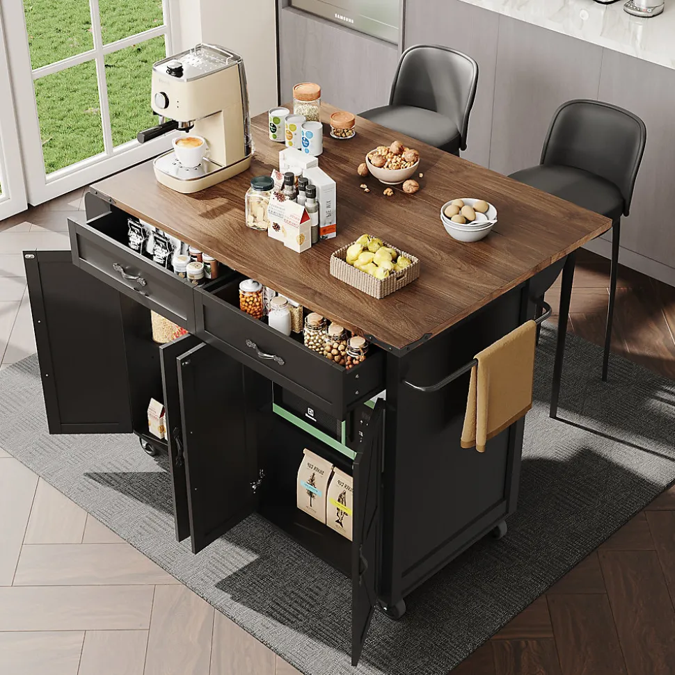 Îlot de Cuisine Mobile Multifonction avec Plan Extensible, 4 Portes, 2 Tiroirs, Grand Rangement, MDF et Métal, Noir, 140x72x93 cm