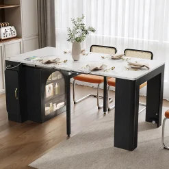 Îlot de Cuisine Mobile Multifonction avec Table Extensible, Rangement et Prise Électrique - MDF, Verre - Blanc/Noir - 150x80x77 cm