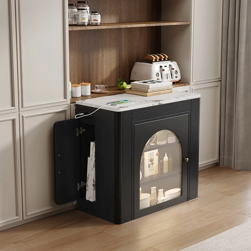 Îlot de Cuisine Mobile Multifonction avec Table Extensible, Rangement et Prise Électrique - MDF, Verre - Blanc/Noir - 150x80x77 cm