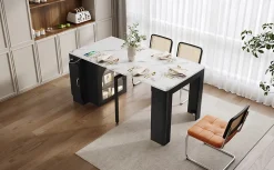 Îlot de Cuisine Mobile Multifonction avec Table Extensible, Rangement et Prise Électrique - MDF, Verre - Blanc/Noir - 150x80x77 cm