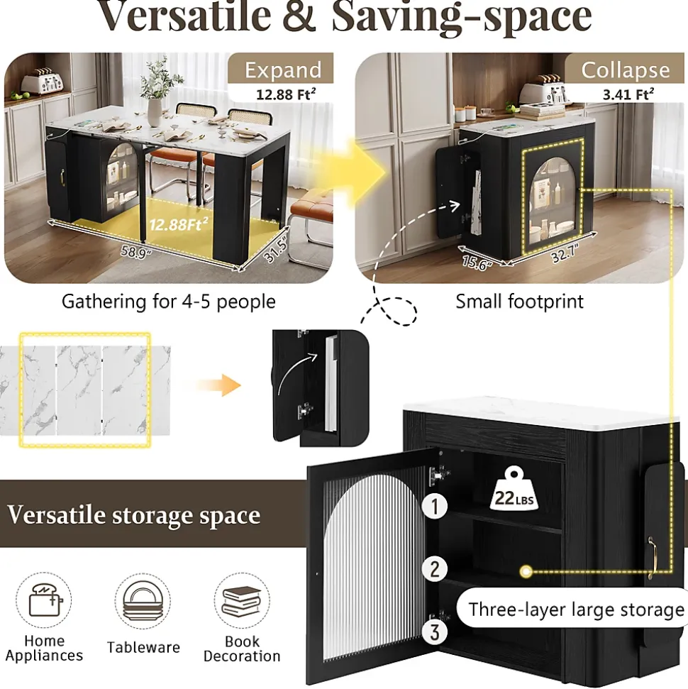 Îlot de Cuisine Mobile Multifonction avec Table Extensible, Rangement et Prise Électrique - MDF, Verre - Blanc/Noir - 150x80x77 cm