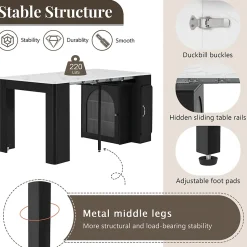 Îlot de Cuisine Mobile Multifonction avec Table Extensible, Rangement et Prise Électrique - MDF, Verre - Blanc/Noir - 150x80x77 cm
