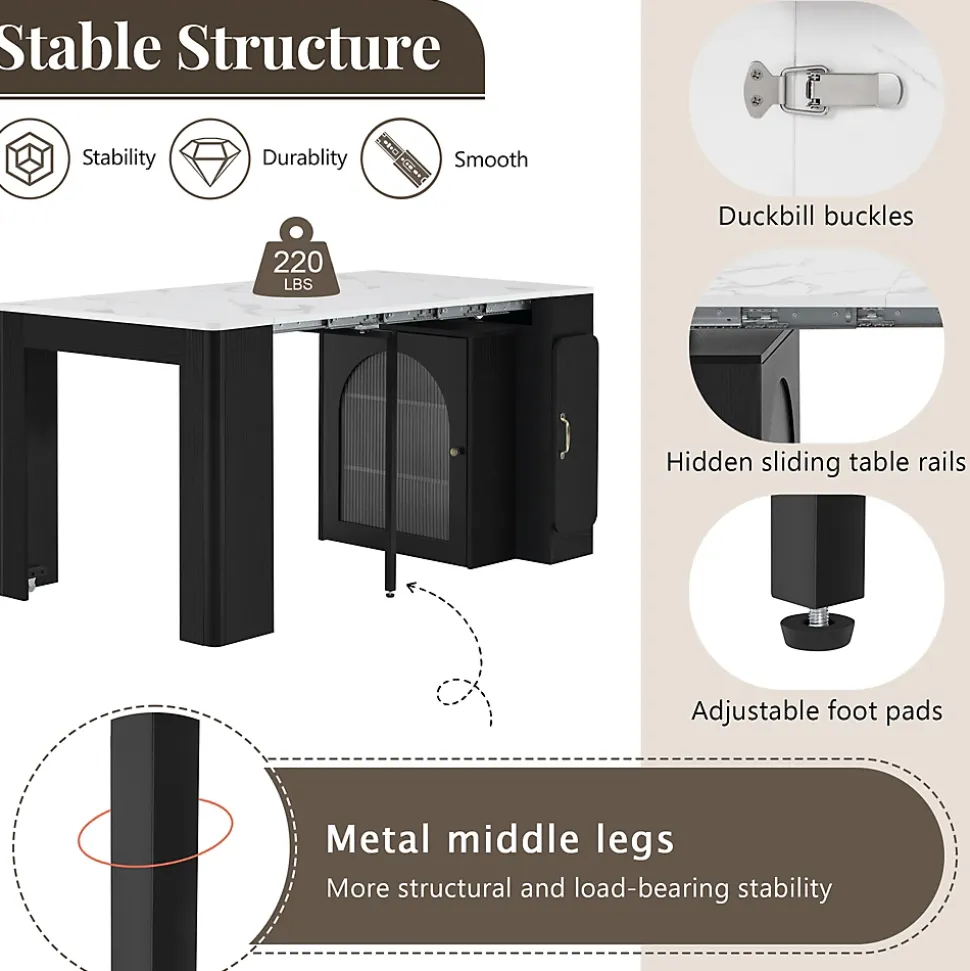 Îlot de Cuisine Mobile Multifonction avec Table Extensible, Rangement et Prise Électrique - MDF, Verre - Blanc/Noir - 150x80x77 cm
