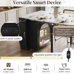 Îlot de Cuisine Mobile Multifonction avec Table Extensible, Rangement et Prise Électrique - MDF, Verre - Blanc/Noir - 150x80x77 cm