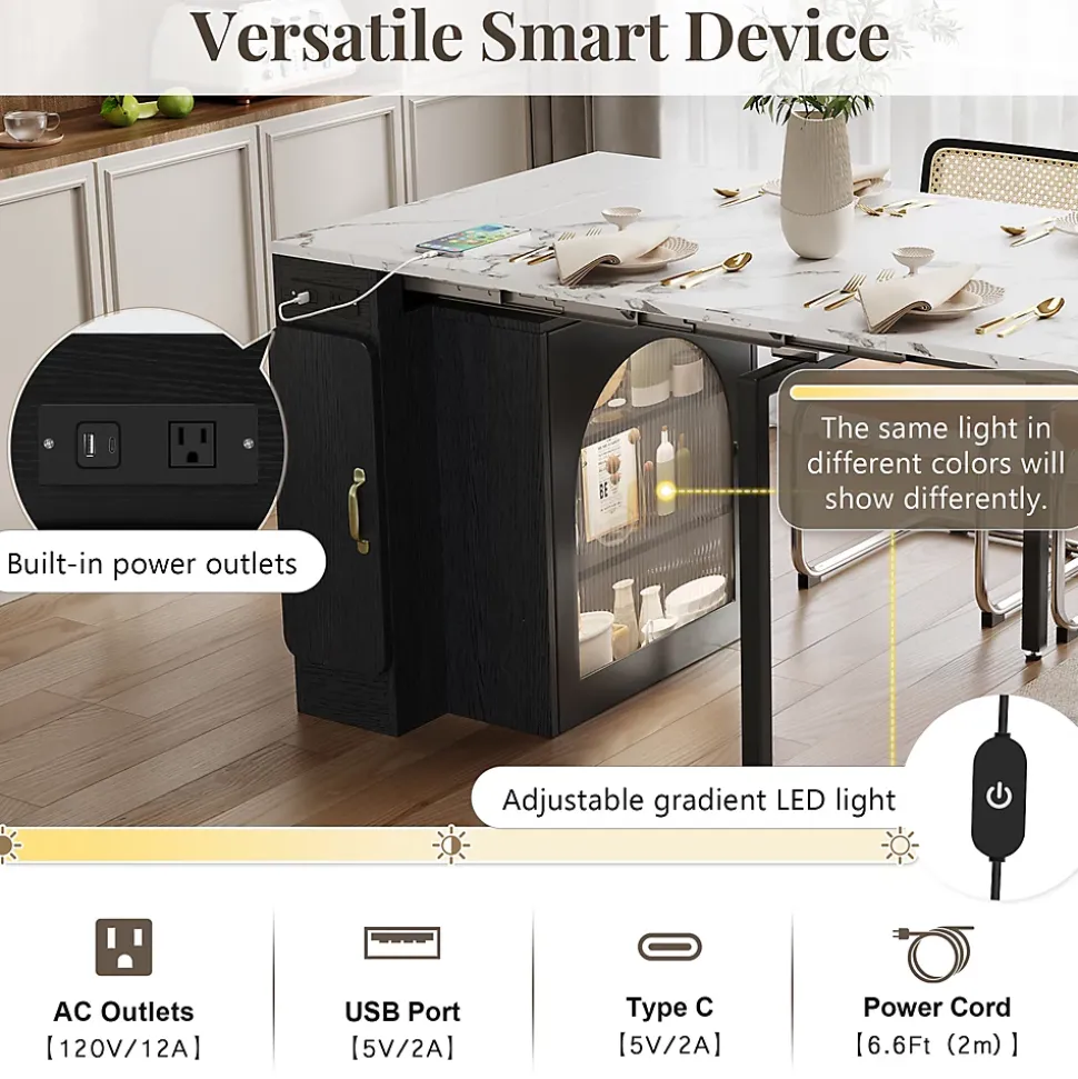 Îlot de Cuisine Mobile Multifonction avec Table Extensible, Rangement et Prise Électrique - MDF, Verre - Blanc/Noir - 150x80x77 cm