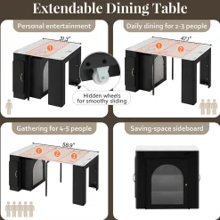 Îlot de Cuisine Mobile Multifonction avec Table Extensible, Rangement et Prise Électrique - MDF, Verre - Blanc/Noir - 150x80x77 cm