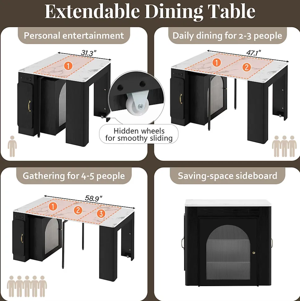 Îlot de Cuisine Mobile Multifonction avec Table Extensible, Rangement et Prise Électrique - MDF, Verre - Blanc/Noir - 150x80x77 cm