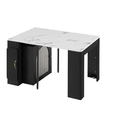 Îlot de Cuisine Mobile Multifonction avec Table Extensible, Rangement et Prise Électrique - MDF, Verre - Blanc/Noir - 150x80x77 cm