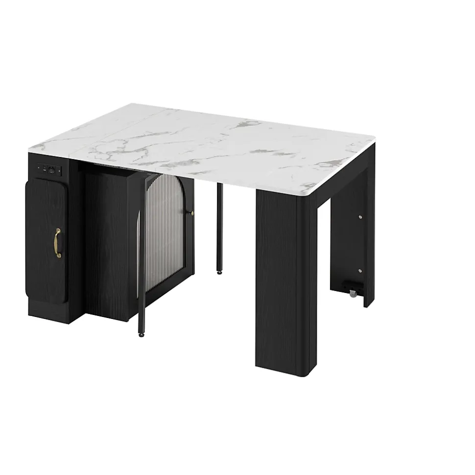 Îlot de Cuisine Mobile Multifonction avec Table Extensible, Rangement et Prise Électrique - MDF, Verre - Blanc/Noir - 150x80x77 cm