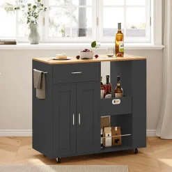 Îlot de cuisine mobile noir avec plateau en chêne, Rangement modulable, tiroirs et étagères ouvertes, pratique et robuste