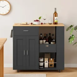 Îlot de cuisine mobile noir avec plateau en chêne, Rangement modulable, tiroirs et étagères ouvertes, pratique et robuste