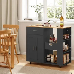 Îlot de cuisine mobile noir avec plateau en chêne, Rangement modulable, tiroirs et étagères ouvertes, pratique et robuste