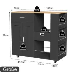 Îlot de cuisine mobile noir avec plateau en chêne, Rangement modulable, tiroirs et étagères ouvertes, pratique et robuste
