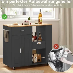 Îlot de cuisine mobile noir avec plateau en chêne, Rangement modulable, tiroirs et étagères ouvertes, pratique et robuste