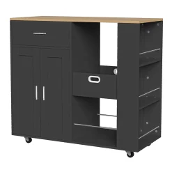 Îlot de cuisine mobile noir avec plateau en chêne, Rangement modulable, tiroirs et étagères ouvertes, pratique et robuste
