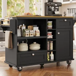 Îlot de Cuisine moderne 1 portes 2 tiroirs et Étagères, meuble rangement bas pour salon ou salle à manger, MDF, 129x46x92 cm, Noir