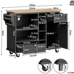 Îlot de Cuisine moderne 1 portes 2 tiroirs et Étagères, meuble rangement bas pour salon ou salle à manger, MDF, 129x46x92 cm, Noir