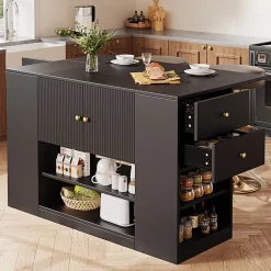 Îlot de cuisine moderne 140 x 70 x 90 cm, vaisselier avec deux tiroirs et étagères, meuble de cuisine, noir