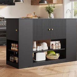 Îlot de cuisine moderne 140 x 70 x 90 cm, vaisselier avec deux tiroirs et étagères, meuble de cuisine, noir