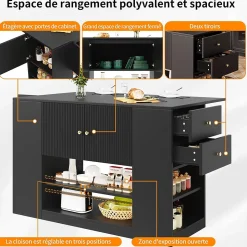 Îlot de cuisine moderne 140 x 70 x 90 cm, vaisselier avec deux tiroirs et étagères, meuble de cuisine, noir