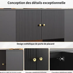 Îlot de cuisine moderne 140 x 70 x 90 cm, vaisselier avec deux tiroirs et étagères, meuble de cuisine, noir