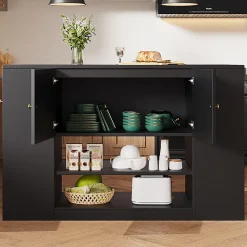 Îlot de cuisine moderne 140 x 70 x 90 cm, vaisselier avec deux tiroirs et étagères, meuble de cuisine, noir