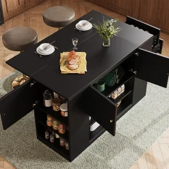 Îlot de cuisine moderne 140 x 70 x 90 cm, vaisselier avec deux tiroirs et étagères, meuble de cuisine, noir