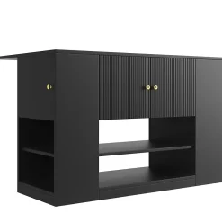 Îlot de cuisine moderne 140 x 70 x 90 cm, vaisselier avec deux tiroirs et étagères, meuble de cuisine, noir