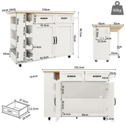 Îlot de cuisine moderne, 131,5 x 76 x 90,7 cm, plan de travail rabattable, desserte avec portes et tiroirs, placards, blanc