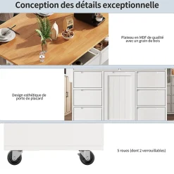 Îlot de cuisine moderne, 122x74,5x91,5 cm, avec plan de travail rabattable, chariot de cuisine à roulettes, 8 tiroirs, blanc
