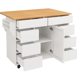 Îlot de cuisine moderne, 122x74,5x91,5 cm, avec plan de travail rabattable, chariot de cuisine à roulettes, 8 tiroirs, blanc