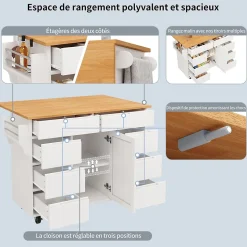 Îlot de cuisine moderne, 122x74,5x91,5 cm, avec plan de travail rabattable, chariot de cuisine à roulettes, 8 tiroirs, blanc