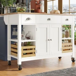 Îlot de cuisine moderne 120x73x90 cm, avec tiroirs et portes d'armoire, comprenant des paniers de rangement en pin, blanc