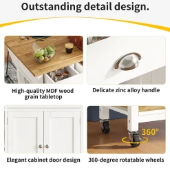 Îlot de cuisine moderne 120x73x90 cm, avec tiroirs et portes d'armoire, comprenant des paniers de rangement en pin, blanc