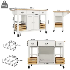 Îlot de cuisine moderne 120x73x90 cm, avec tiroirs et portes d'armoire, comprenant des paniers de rangement en pin, blanc