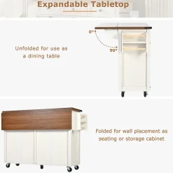 Îlot de cuisine moderne, 140x73x92cm, plan de travail rabattable, desserte avec portes et tiroirs, placards, blanc