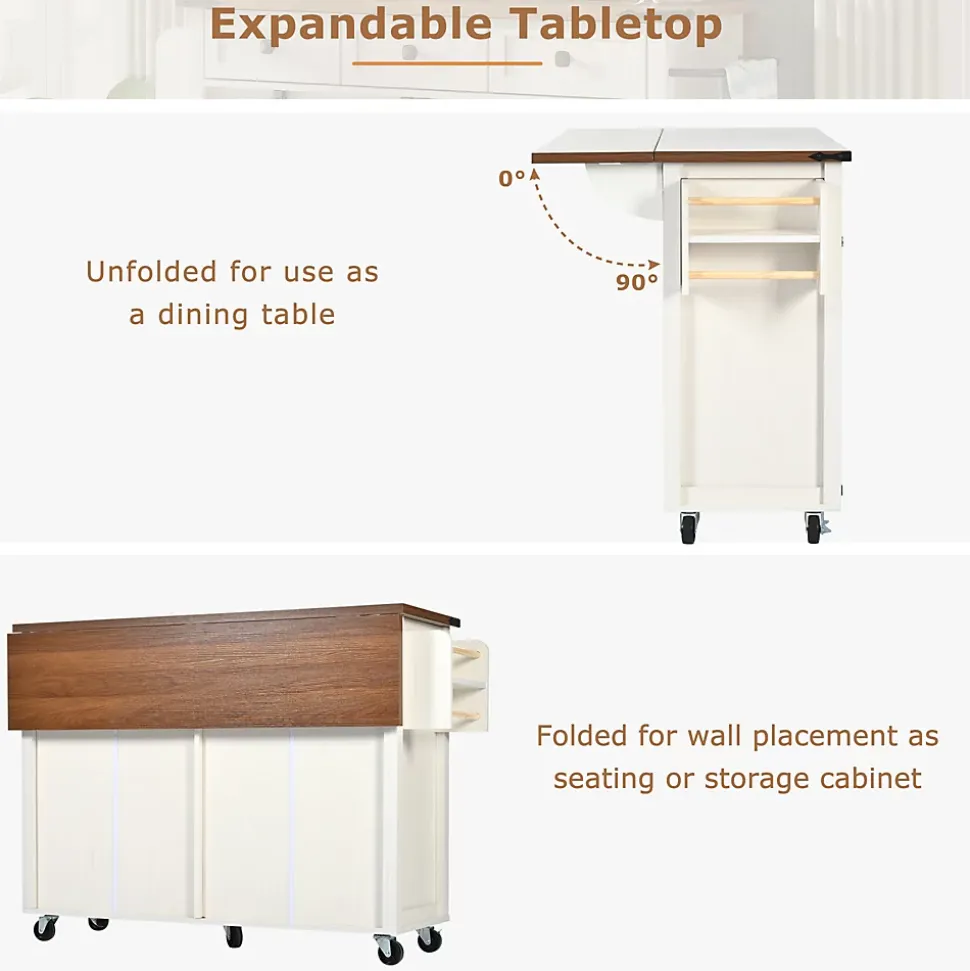 Îlot de cuisine moderne, 140x73x92cm, plan de travail rabattable, desserte avec portes et tiroirs, placards, blanc