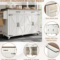 Îlot de cuisine moderne, 140x73x92cm, plan de travail rabattable, desserte avec portes et tiroirs, placards, blanc