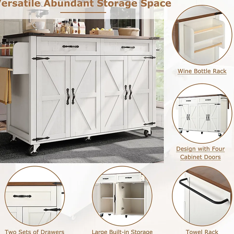 Îlot de cuisine moderne, 140x73x92cm, plan de travail rabattable, desserte avec portes et tiroirs, placards, blanc