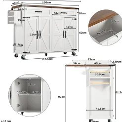 Îlot de cuisine moderne, 140x73x92cm, plan de travail rabattable, desserte avec portes et tiroirs, placards, blanc
