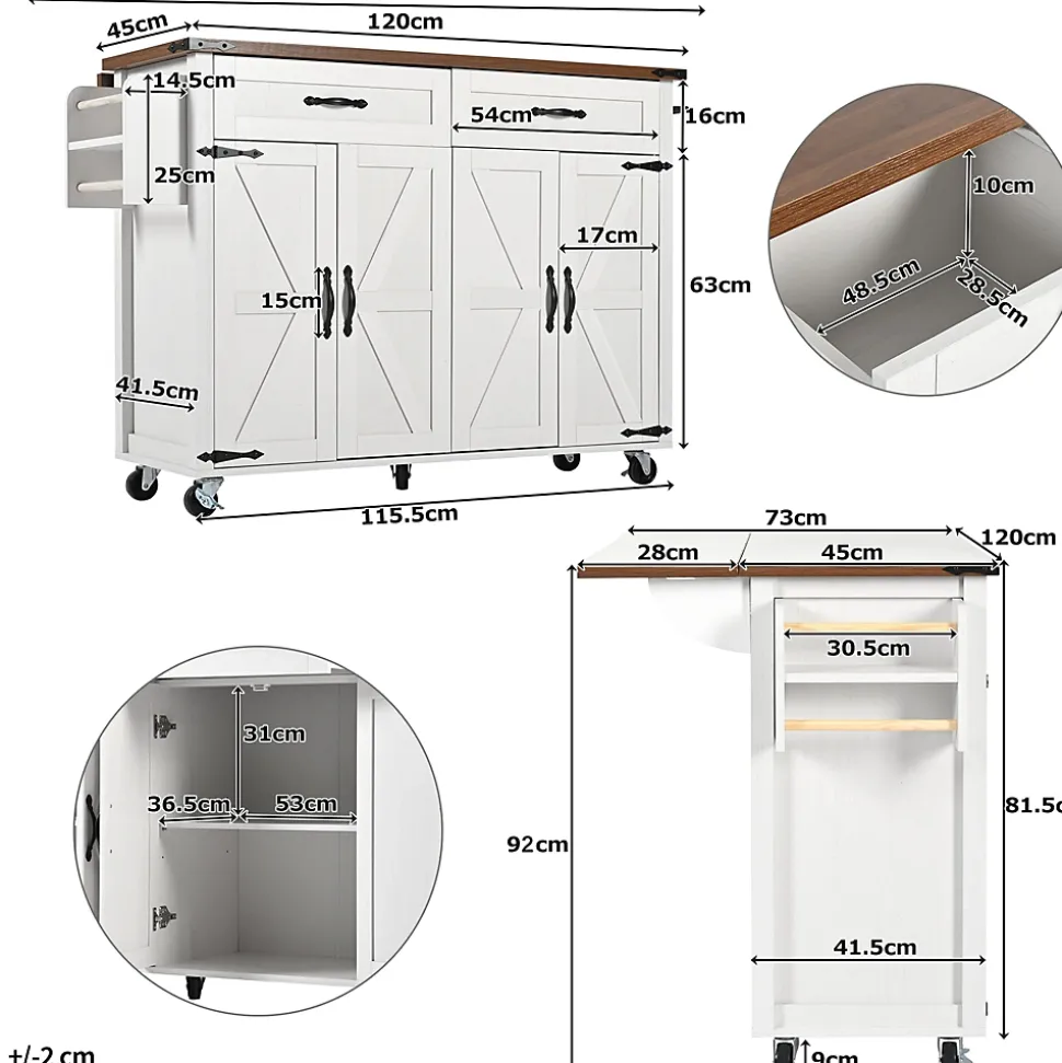 Îlot de cuisine moderne, 140x73x92cm, plan de travail rabattable, desserte avec portes et tiroirs, placards, blanc