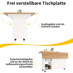 Îlot de cuisine moderne, 120x70x79,5 cm, avec plan de travail rabattable, placards de rangement, desserte et buffet, blanc