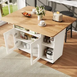 Îlot de cuisine moderne, 120x70x79,5 cm, avec plan de travail rabattable, placards de rangement, desserte et buffet, blanc