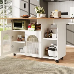 Îlot de cuisine moderne, 120x70x79,5 cm, avec plan de travail rabattable, placards de rangement, desserte et buffet, blanc