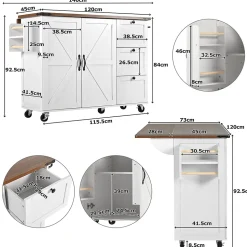 Îlot de cuisine moderne 140x73x92,5cm,chariot de cuisine,plan de travail pliable,desserte avec portes et tiroirs,placards,blanc