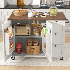 Îlot de cuisine moderne 140x73x92,5cm,chariot de cuisine,plan de travail pliable,desserte avec portes et tiroirs,placards,blanc