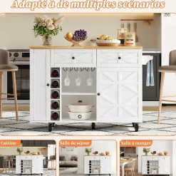 Îlot de Cuisine Multifonction avec Plateau Pliable, Porte-Bouteilles et Porte-Verres, 5 Roulettes, Blanc, 120x45(70)x89 cm
