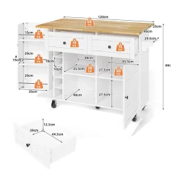 Îlot de Cuisine Multifonction avec Plateau Pliable, Porte-Bouteilles et Porte-Verres, 5 Roulettes, Blanc, 120x45(70)x89 cm