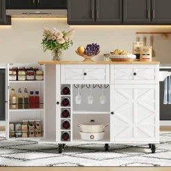 Îlot de Cuisine Multifonction avec Plateau Pliable, Porte-Bouteilles et Porte-Verres, 5 Roulettes, Blanc, 120x45(70)x89 cm