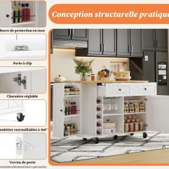 Îlot de Cuisine Multifonction avec Plateau Pliable, Porte-Bouteilles et Porte-Verres, 5 Roulettes, Blanc, 120x45(70)x89 cm